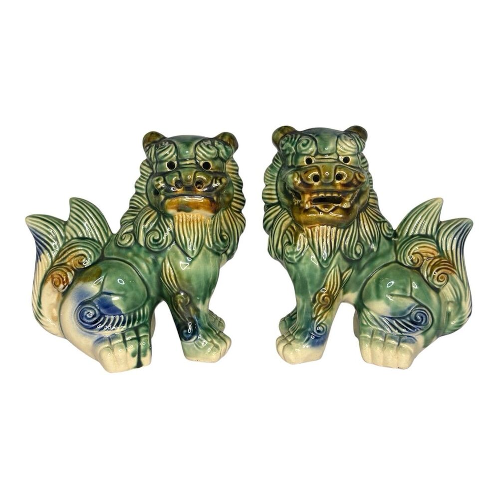 Vintage 8” Guardian Lion Pair Foo Dogs Green Blue Glaze Ceramic Figurines